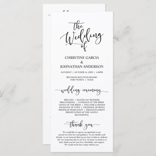 Elegant Black Script, Wedding Ceremonie Programma (Voorkant / Achterkant)