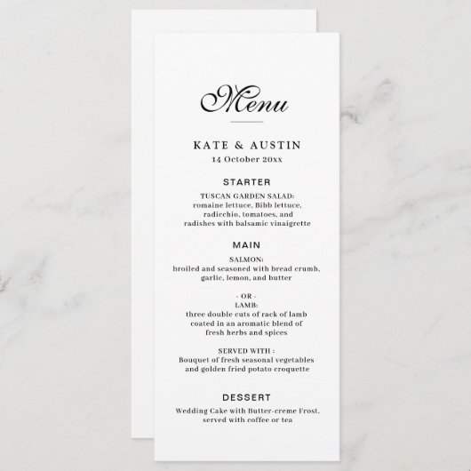 elegant black script white wedding menu card (Devant / Derrière)