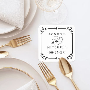 Elegant Black Scroll Lijst Custom Wedding Monogram Vierkante Kartonnen Onderzetter