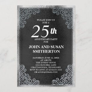 Elegant Black Silver 25th Wedding Jubileum Kaart