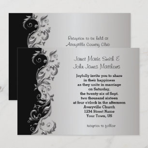 Elegant Black & Silver Floral Wedding Design Kaart
