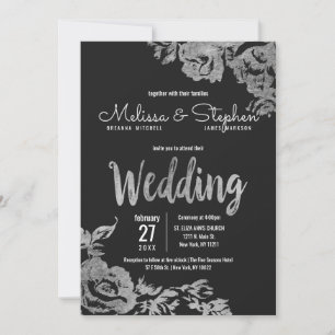 Elegant Black Silver Floral Wedding Kaart