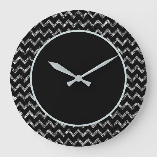 Elegant Black Silver Glam Sparkle Glitter Grote Klok (Voorkant)