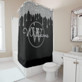 Elegant Black Silver Glitter Drift Monogram Script Douchegordijn (In situ)