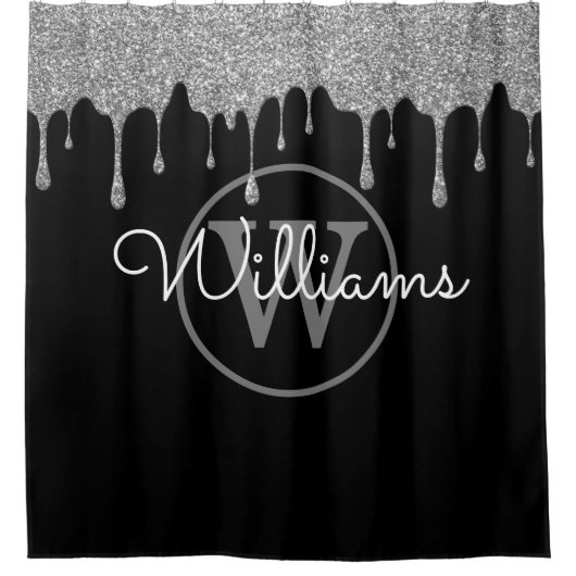 Elegant Black Silver Glitter Drift Monogram Script Douchegordijn (Voorkant)