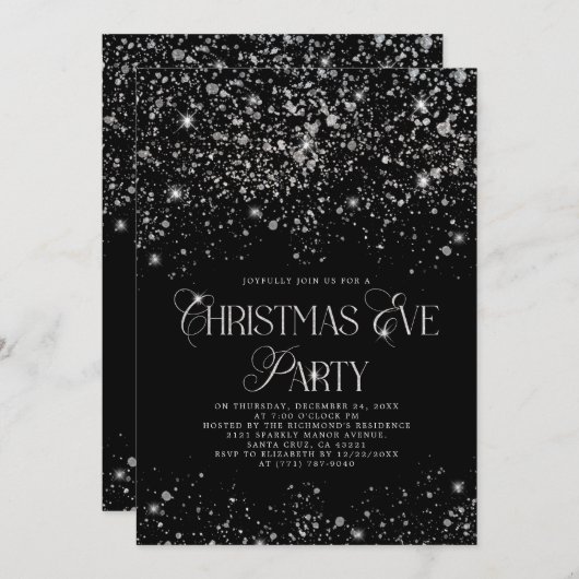 Elegant Black Silver Glitter-kerstfeest Kaart (Voorkant / Achterkant)
