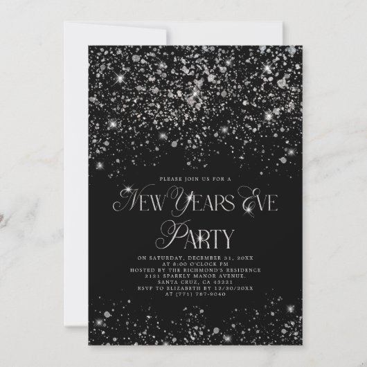 Elegant Black Silver Glitter New Years Eve Party Kaart (Voorkant)