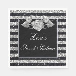 Elegant Black Silver Glitter Silver Roos Sweet 16 Servet