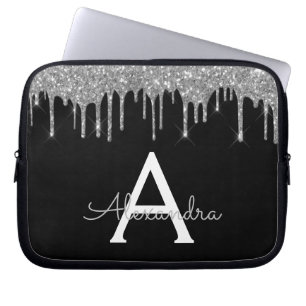 Elegant Black Silver Glitter Sparkle Monogram Laptop Sleeve