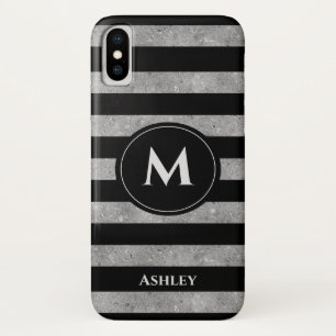 Elegant Black Silver Glitter Striped Monogram iPhone X Hoesje