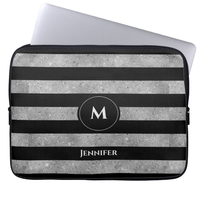 Elegant Black Silver Glitter Striped Monogram Laptop Sleeve (Voorkant)