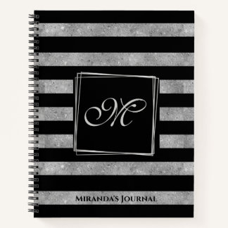 Elegant Black Silver Glitter Striped Monogram Notitieboek