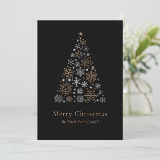 Elegant Black Silver Gold Script Christmas Tree Feestdagenkaart (Staand voorkant)