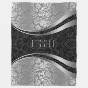 Elegant Black & Silver Grey Floral Damaskers Fleece Deken