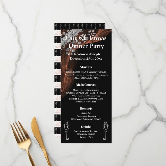 Elegant Black & Silver-kerstmenu met Snowman Menu (Voorkant / Achterkant in situ)