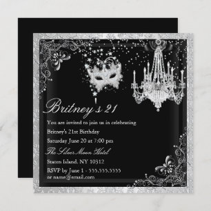 Elegant Black Silver Masquerade 21st Invite Kaart