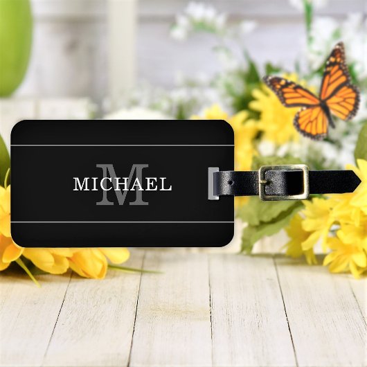Elegant Black Silver Monogram Name Persoonlijk Bagagelabel