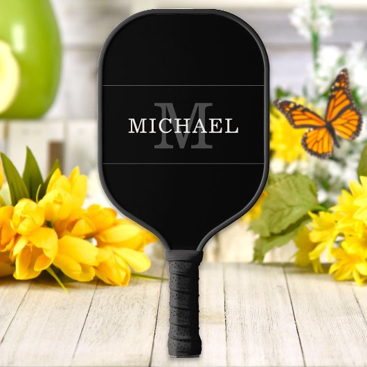 Elegant Black Silver Monogram Name Persoonlijk Pickleball Paddle