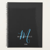 Élégant Black Sky Blue Script Monogramme moderne (Devant)