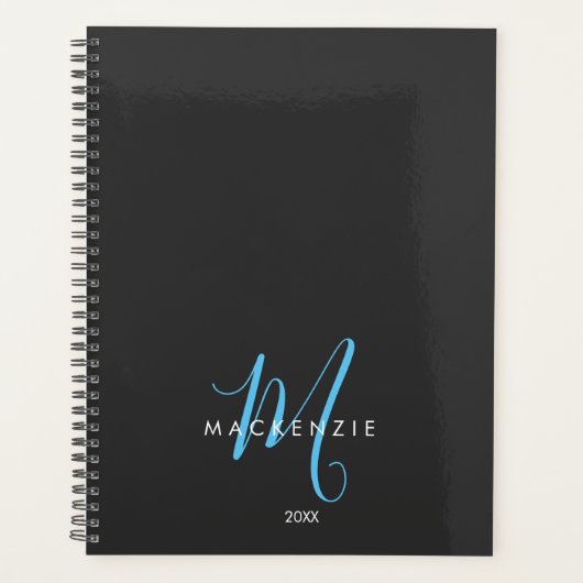 Élégant Black Sky Blue Script Monogramme moderne (Devant)
