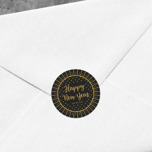 Elegant Black Starburst Script Happy Nieuwjaar Ronde Sticker