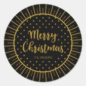 Elegant Black Starburst Script Merry Kerstry Ronde Sticker (Voorkant)