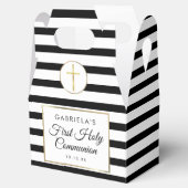 Elegant Black Stripe Gold First Heilige Communie Bedankdoosjes (Geopend)