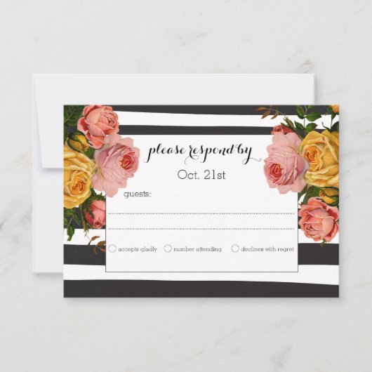 Elegant Black Stripe Heirloom Rozen Wedding RSVP (Voorkant)