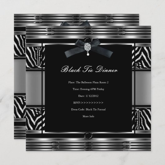 Elegant Black Stropdas Dinner Zebra Silver Black Kaart (Voorkant / Achterkant)