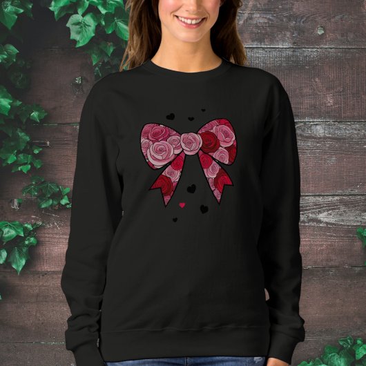 Elegant Black Sweatshirt with Red Bow Print 