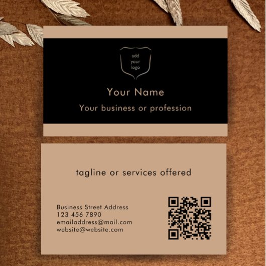 Elegant Black & Tan Logo QR Code Professional Visitekaartje