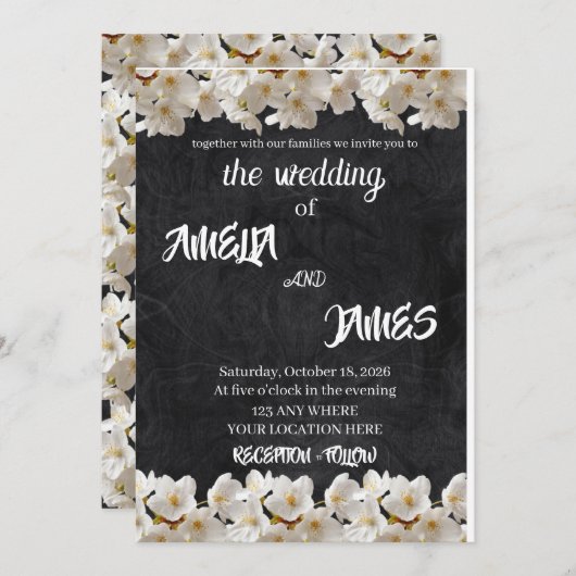 Elegant Black Textured & White Cherry Blossom Kaart (Voorkant / Achterkant)