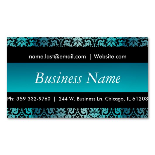 Elegant Black & Turquoise Damask Design Visitekaartje Magneet (Voorkant)