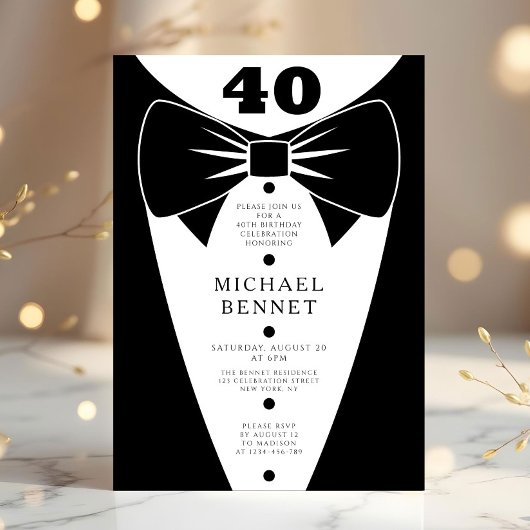 Elegant Black Tuxedo 40th Birthday Kaart