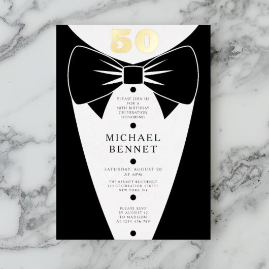 Elegant Black Tuxedo 50th Birthday Gold Folie Uitnodiging