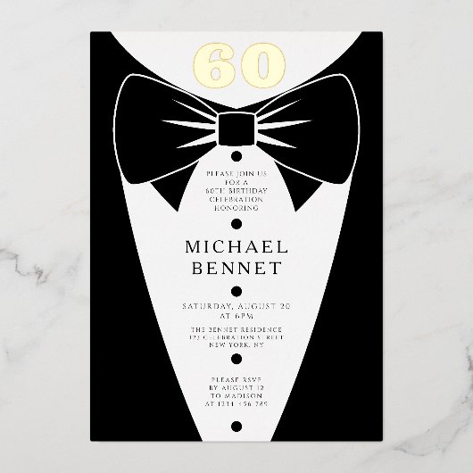 Elegant Black Tuxedo 60th Birthday Gold Folie Uitnodiging (Voorkant)