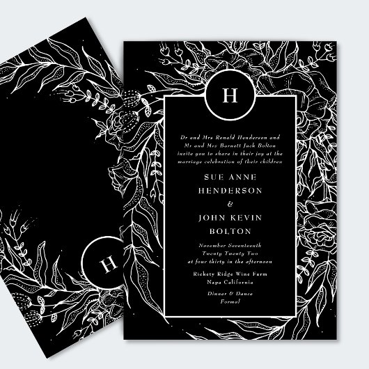 Elegant Black Tuxedo Bright White Monogram Wreate Kaart