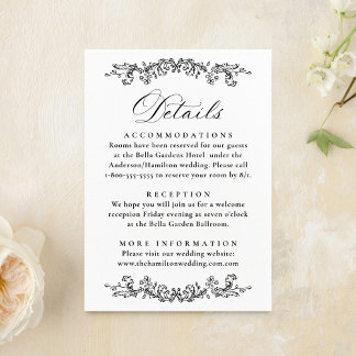 Elegant Black Victorian Floral Wedding Details Informatiekaartje