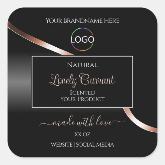 Élégant Black Wavy Rose Gold Logo Étiquettes de pr (Devant)