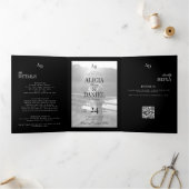 Elegant black wedding photo RSVP QR all in one Drieluik Uitnodiging (Binnen)