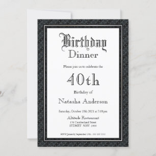 Elegant Black & White 40th Birthday Dinner Kaart