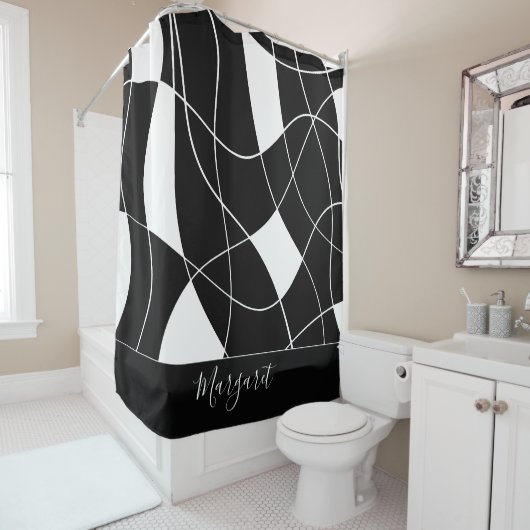 Elegant black &white abstract monogram name douchegordijn (In situ)