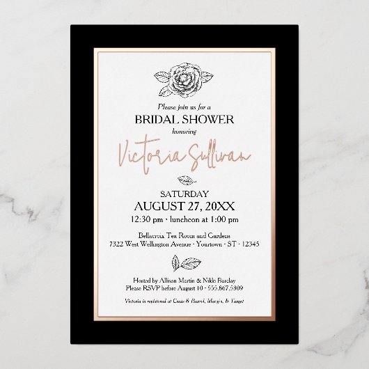 Elegant Black & White Botanical Folie Invitation Folie Uitnodiging (Voorkant)