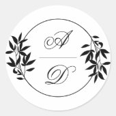 Elegant black, white branch and initials wedding ronde sticker (Voorkant)