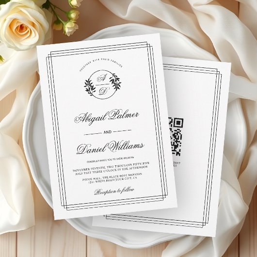Elegant black, white branch and QR code wedding Kaart