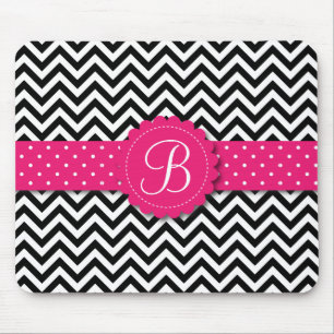Elegant Black White Chevron Monogram Girly Pink Muismat