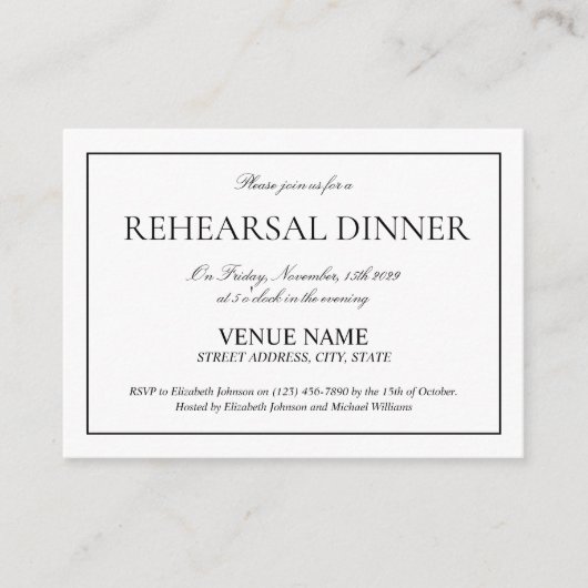 Elegant Black & White Classic Script Rehearings Informatiekaartje (Voorkant)