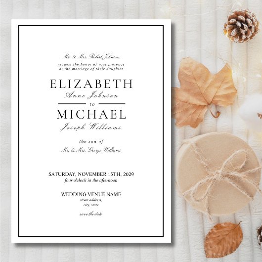 Elegant Black & White Classic Script Weddenschap Kaart