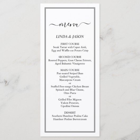 Elegant Black & White Classic Script Weddenschap Menu (Voorkant)