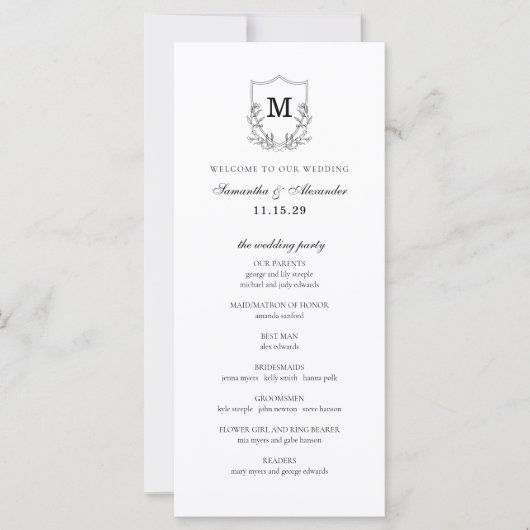Elegant Black & White Crest Ceremony Program (Voorkant)